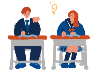 教室の机に座って勉強している生徒がひらめく様子のイラスト