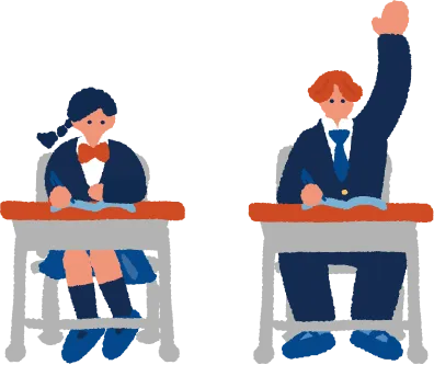 机に座って手を上げる男子学生と女子学生のイラスト