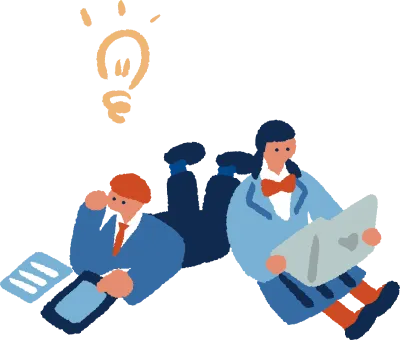 くつろいで勉強しながらひらめく学生のイラスト
