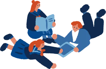 ノートやタブレットを見て話し合う学生のイラスト