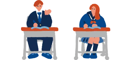 机に座って話し合う学生のイラスト