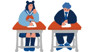 机に座る男子学生と女子学生のイラスト