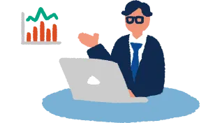 PCを開いてグラフの説明をするビジネスマンのイラスト